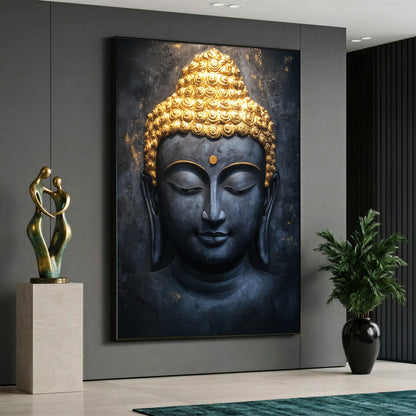 Canvas wall art featuring a serene Buddha face with gold leaf details on a dark textured background