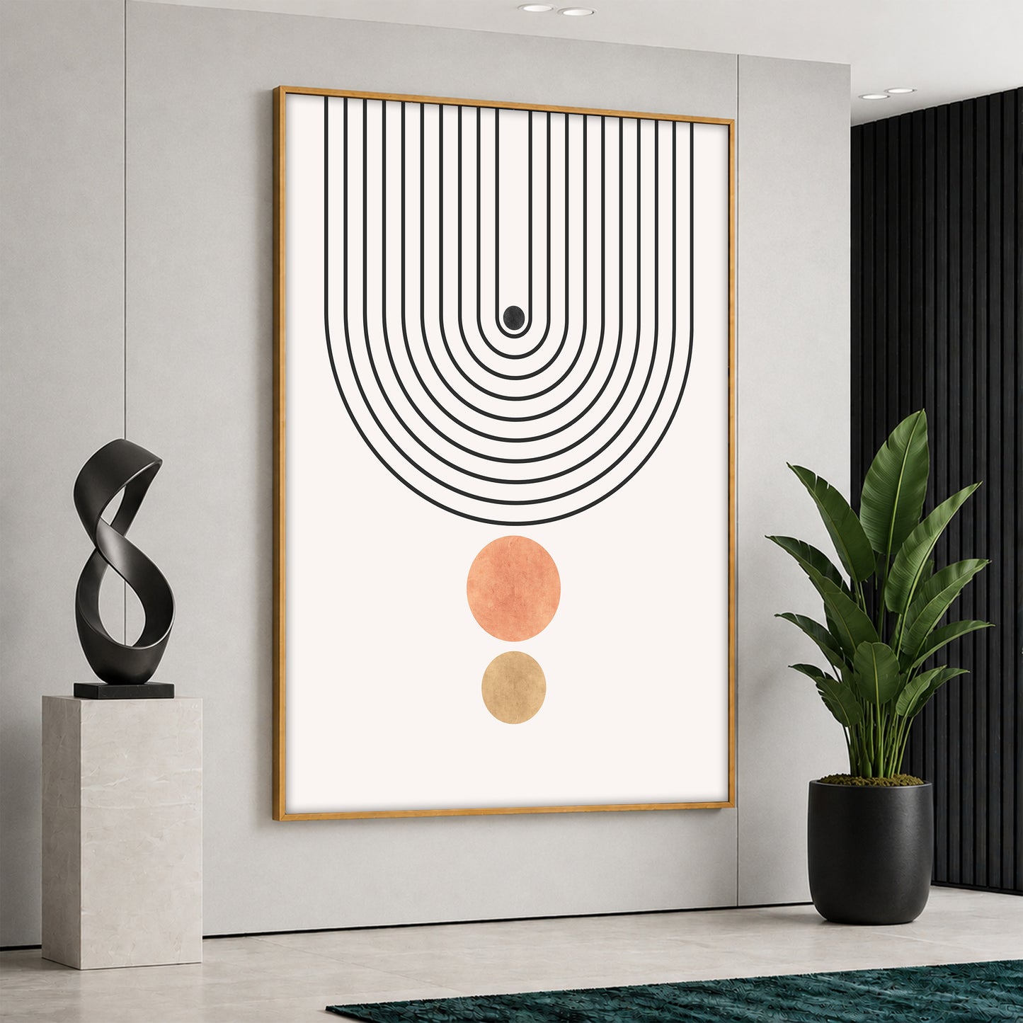 A vertical canvas print in a wooden frame featuring black bohemian arch lines and two earth-toned circles on a white background, hanging in a bright modern room.