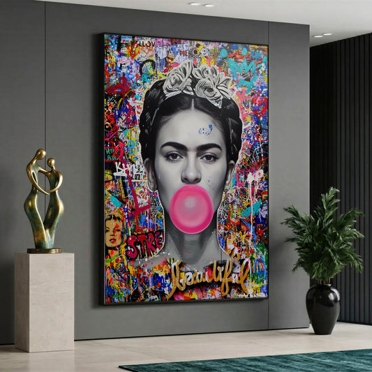 Frida Kahlo Bubble Gum Pop Art Canvas - Colorful Graffiti Street Art