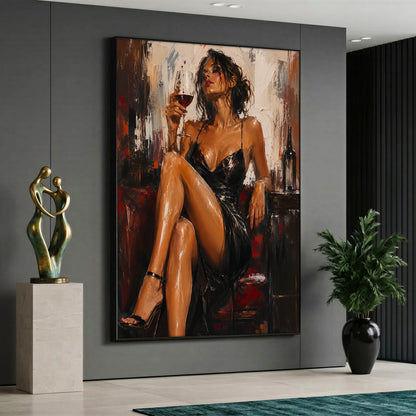 A vertical canvas wall art displaying an elegant woman in a black dress holding a glass of red wine, displayed on a grey wall in a modern setting.