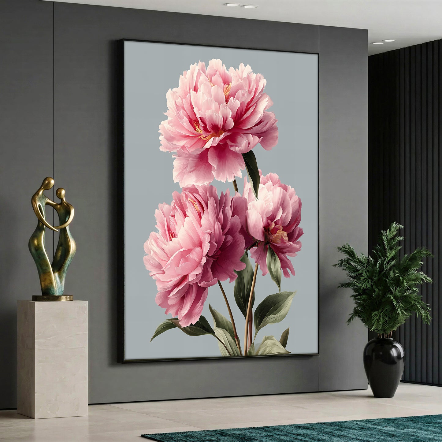 Modern floral canvas wall art featuring large pink peony flowers with green leaves on a light grey background