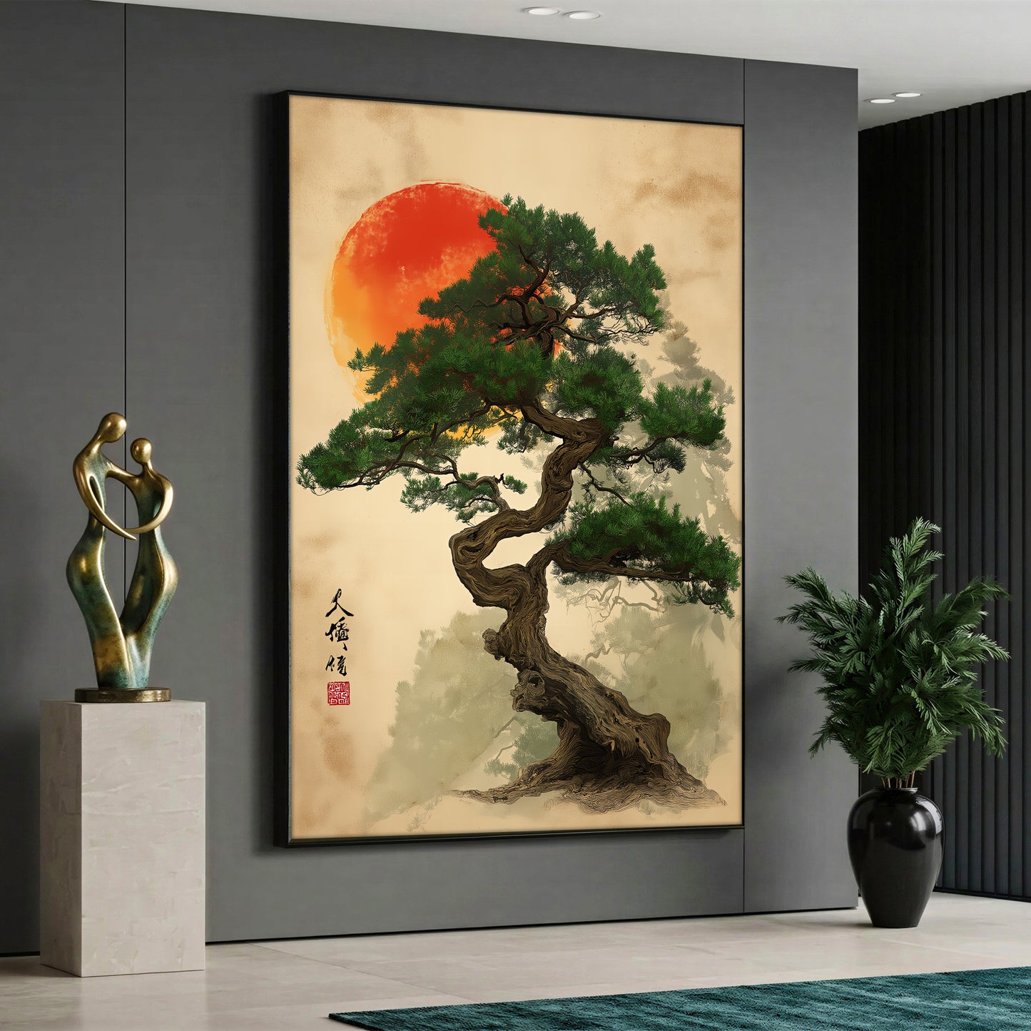 A high-quality canvas print featuring a traditional twisted pine tree in front of a large red sun, displayed on a textured vintage beige background with Japanese calligraphy elements.