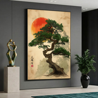 A high-quality canvas print featuring a traditional twisted pine tree in front of a large red sun, displayed on a textured vintage beige background with Japanese calligraphy elements.