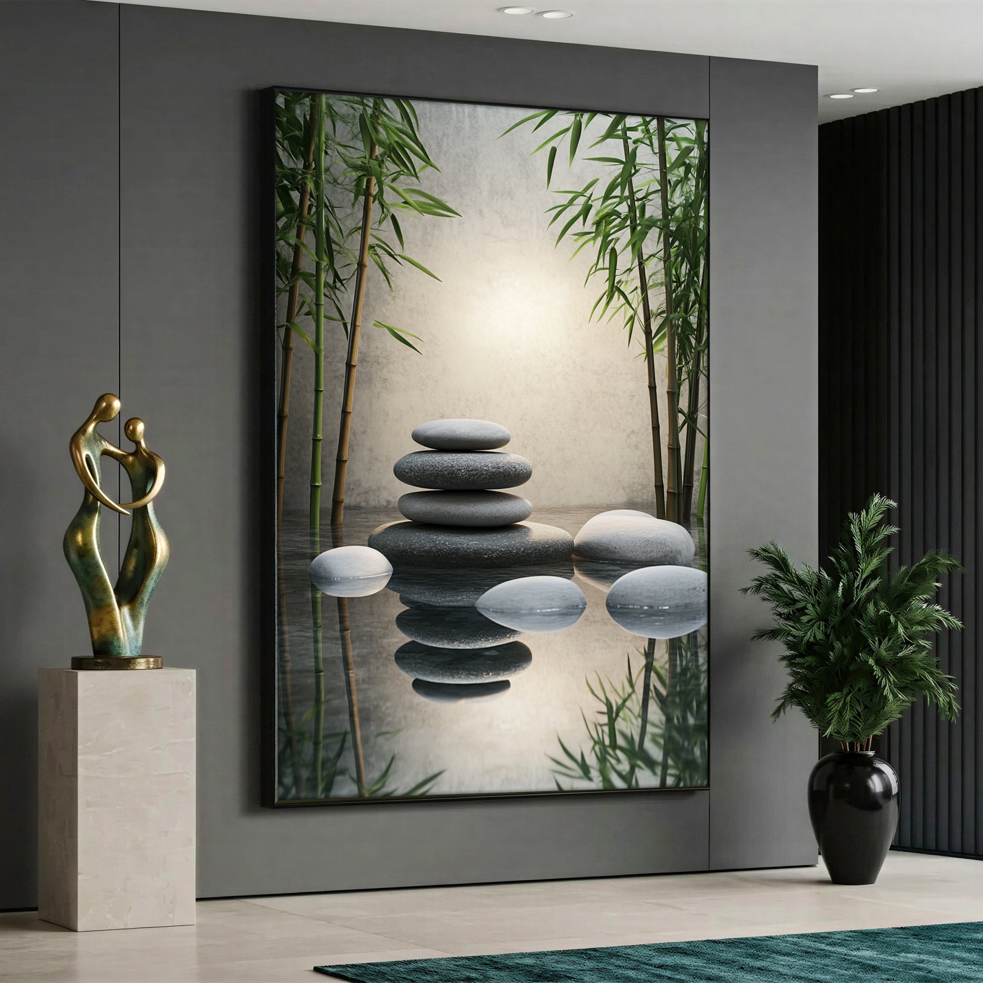 A Zen meditation canvas painting depicting balanced stacked black pebbles, surrounding white stones, green bamboo stalks, and their clear reflections on a calm water surface.