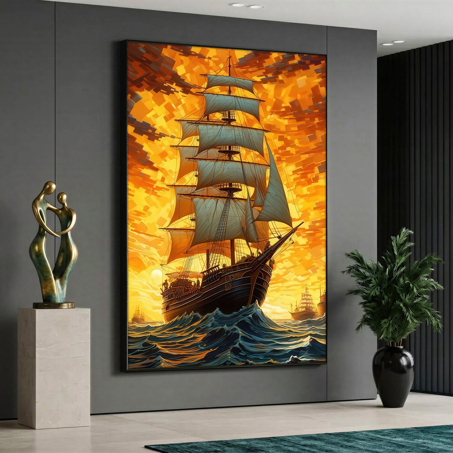 A large wooden sailing ship navigating on wavy blue sea, with a bright yellow and orange sunset sky and smaller ships in the background.