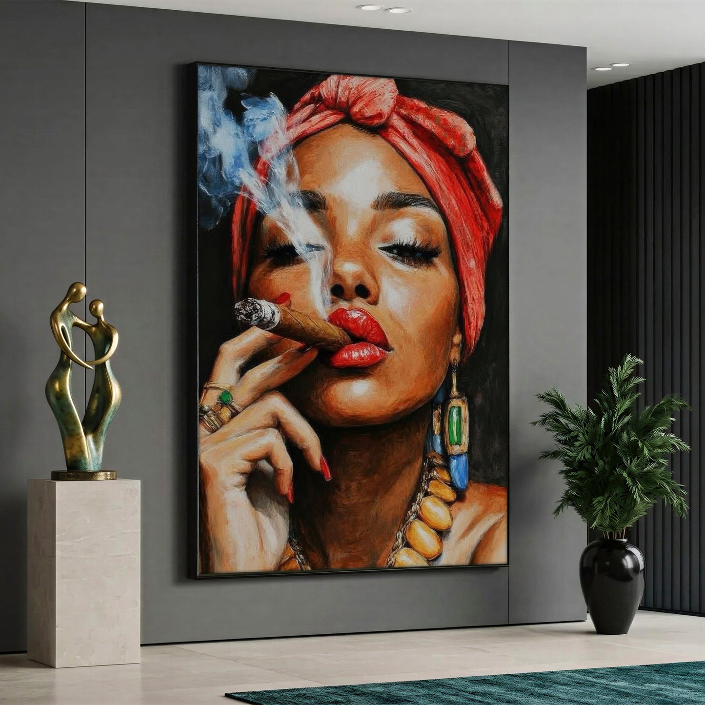 A powerful contemporary canvas painting depicting a dark-skinned woman with a bold red turban and bright red lips smoking a cigar, adorned with large ethnic earrings and rings against a solid black background.