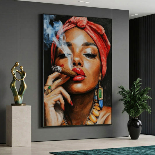 A powerful contemporary canvas painting depicting a dark-skinned woman with a bold red turban and bright red lips smoking a cigar, adorned with large ethnic earrings and rings against a solid black background.