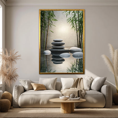 Zen Stones and Bamboo Canvas Wall Art - Meditation Spa Landscape Print