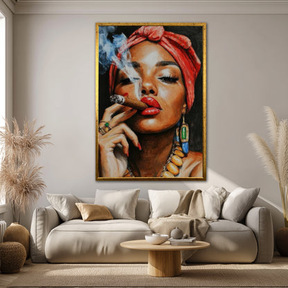 Woman Smoking Cigar with Red Turban Canvas Art - Exotic Pop Art Print