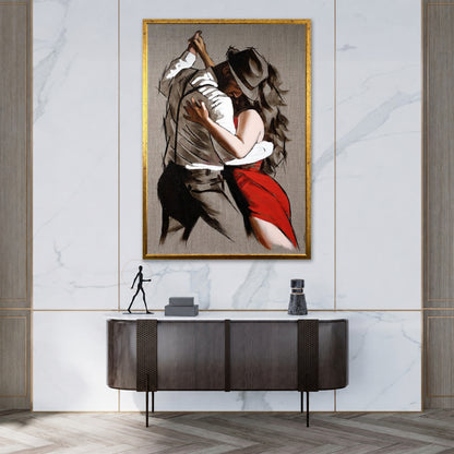 Romantic Tango Dancers Canvas Art - Passionate Red Dress Woman Print
