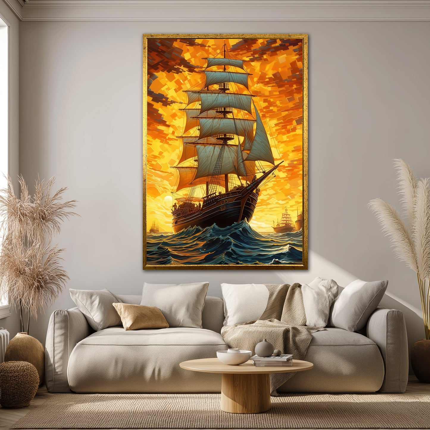 Sailing Ship on Wavy Ocean Canvas Art - Living Room Decor