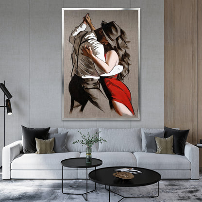 Romantic Tango Dancers Canvas Art - Passionate Red Dress Woman Print