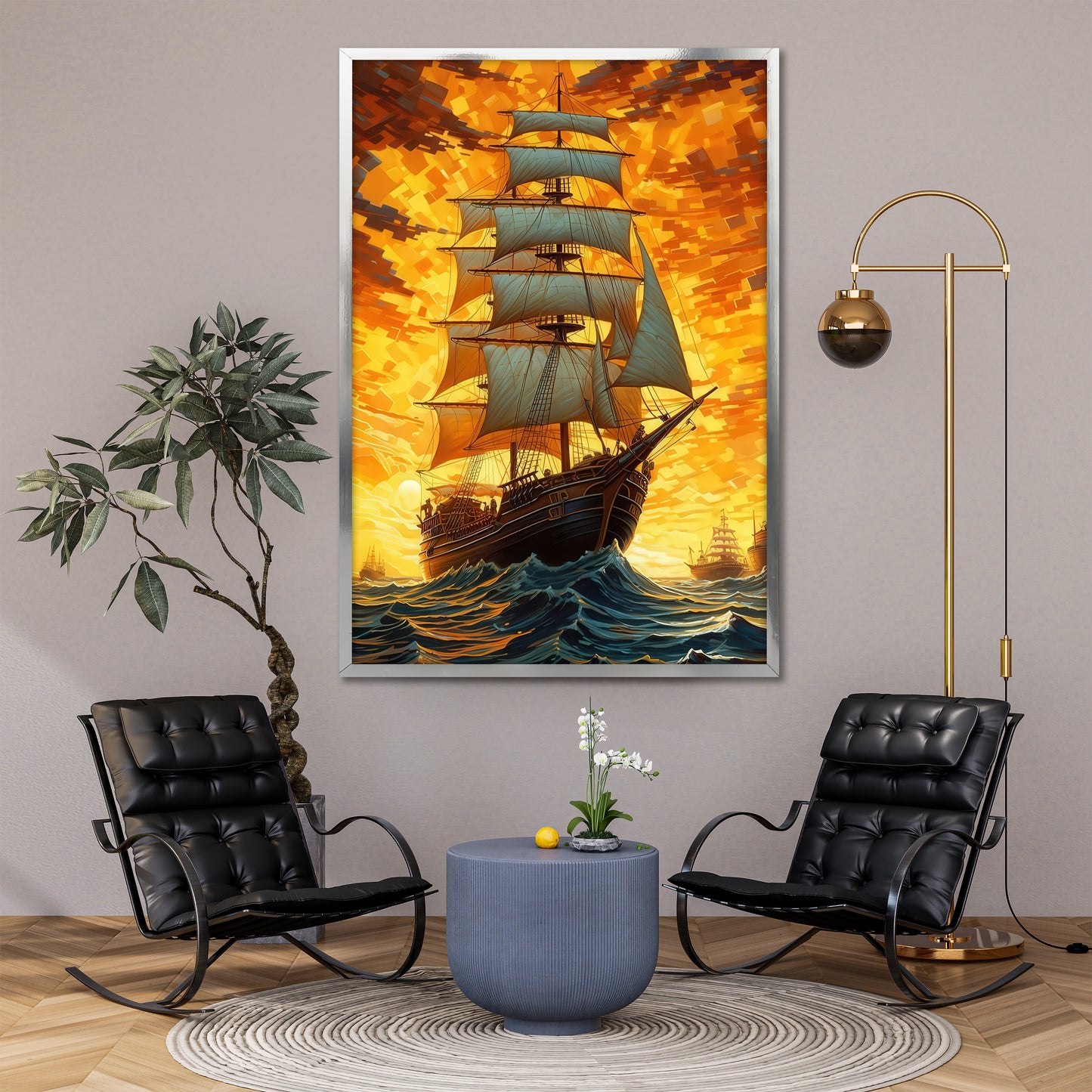 Sailing Ship on Wavy Ocean Canvas Art - Living Room Decor