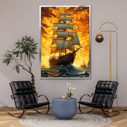 Sailing Ship on Wavy Ocean Canvas Art - Living Room Decor