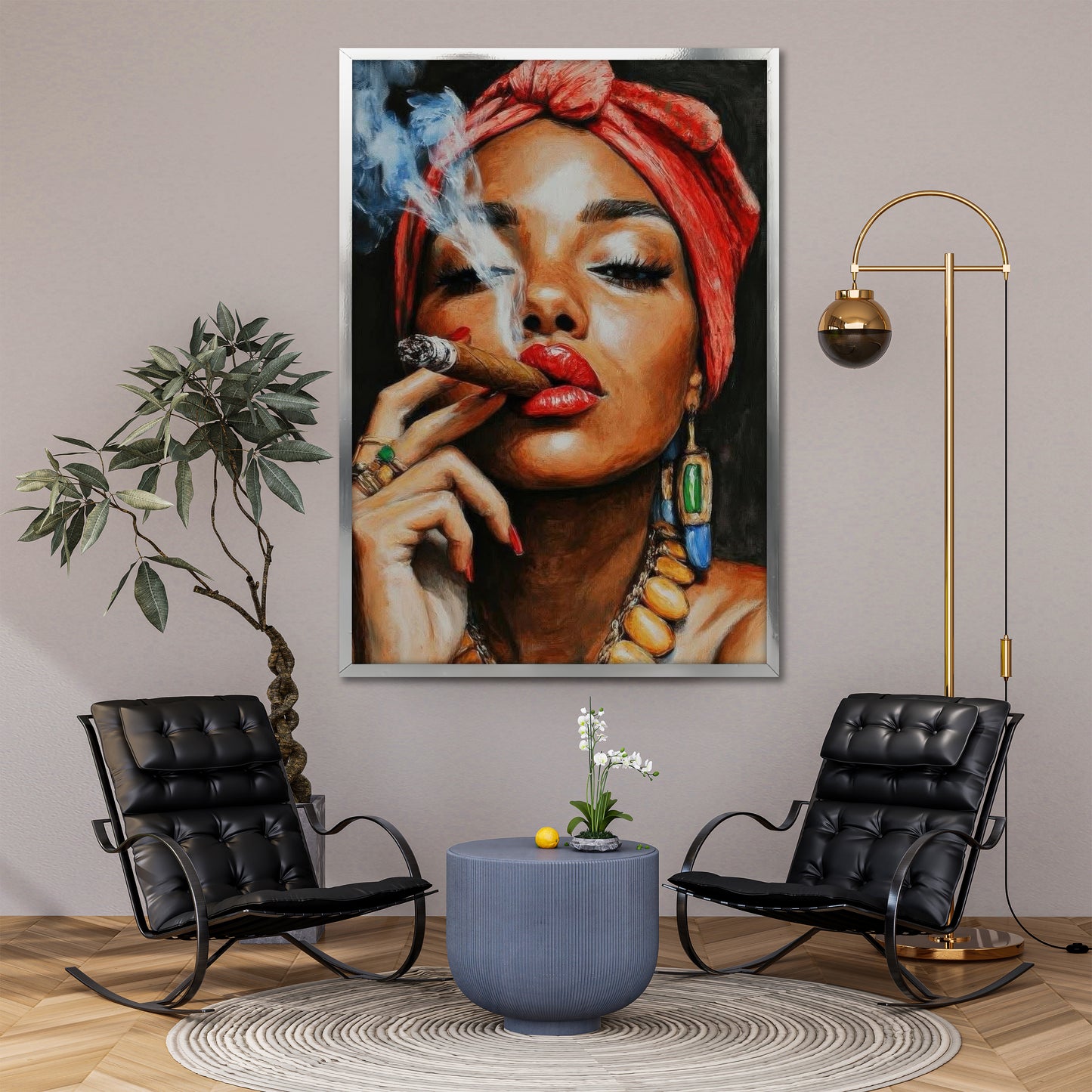 Woman Smoking Cigar with Red Turban Canvas Art - Exotic Pop Art Print