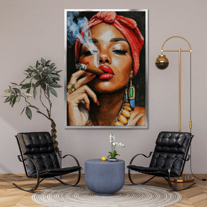 Woman Smoking Cigar with Red Turban Canvas Art - Exotic Pop Art Print