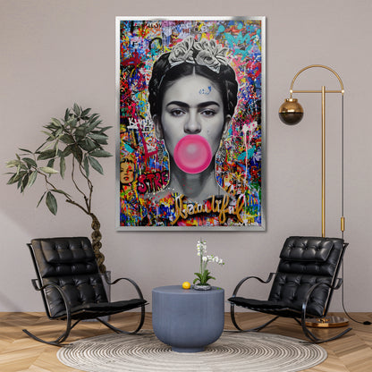 Frida Kahlo Bubble Gum Pop Art Canvas - Colorful Graffiti Street Art