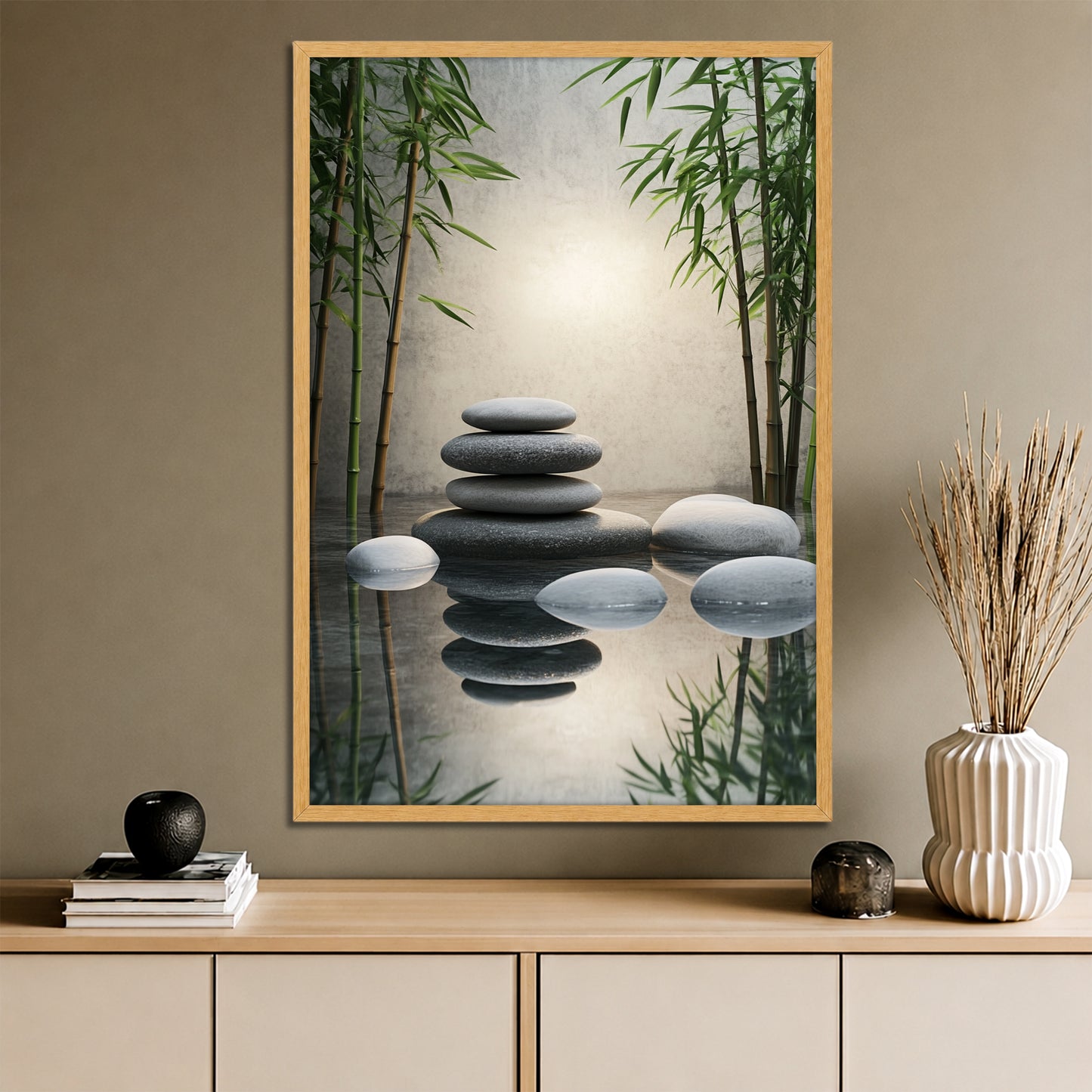 Zen Stones and Bamboo Canvas Wall Art - Meditation Spa Landscape Print