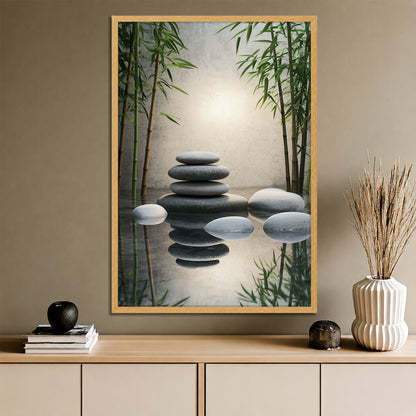 Zen Stones and Bamboo Canvas Wall Art - Meditation Spa Landscape Print