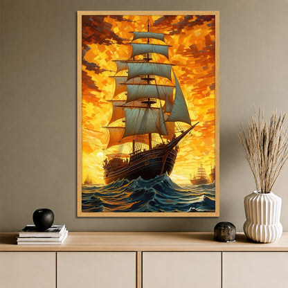 Sailing Ship on Wavy Ocean Canvas Art - Living Room Decor