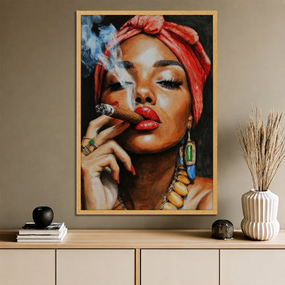 Woman Smoking Cigar with Red Turban Canvas Art - Exotic Pop Art Print