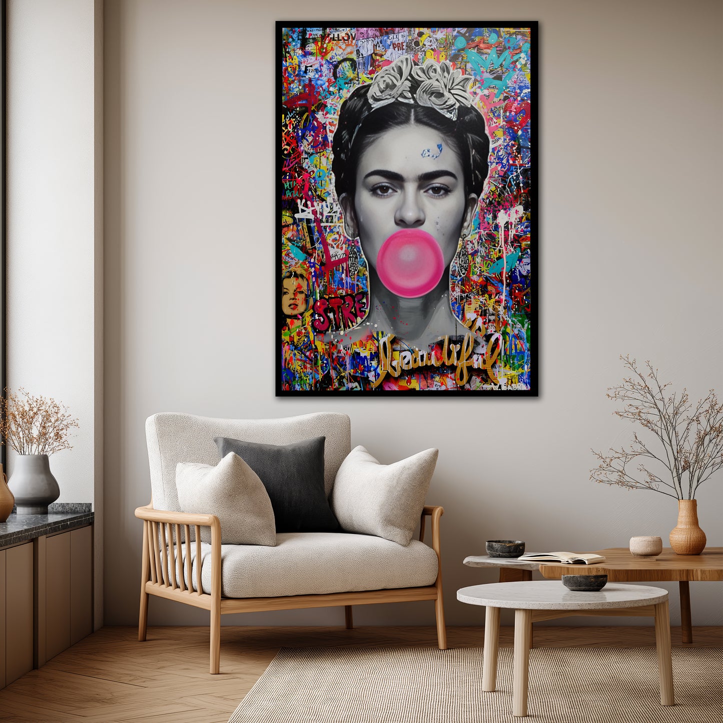 Frida Kahlo Bubble Gum Pop Art Canvas - Colorful Graffiti Street Art