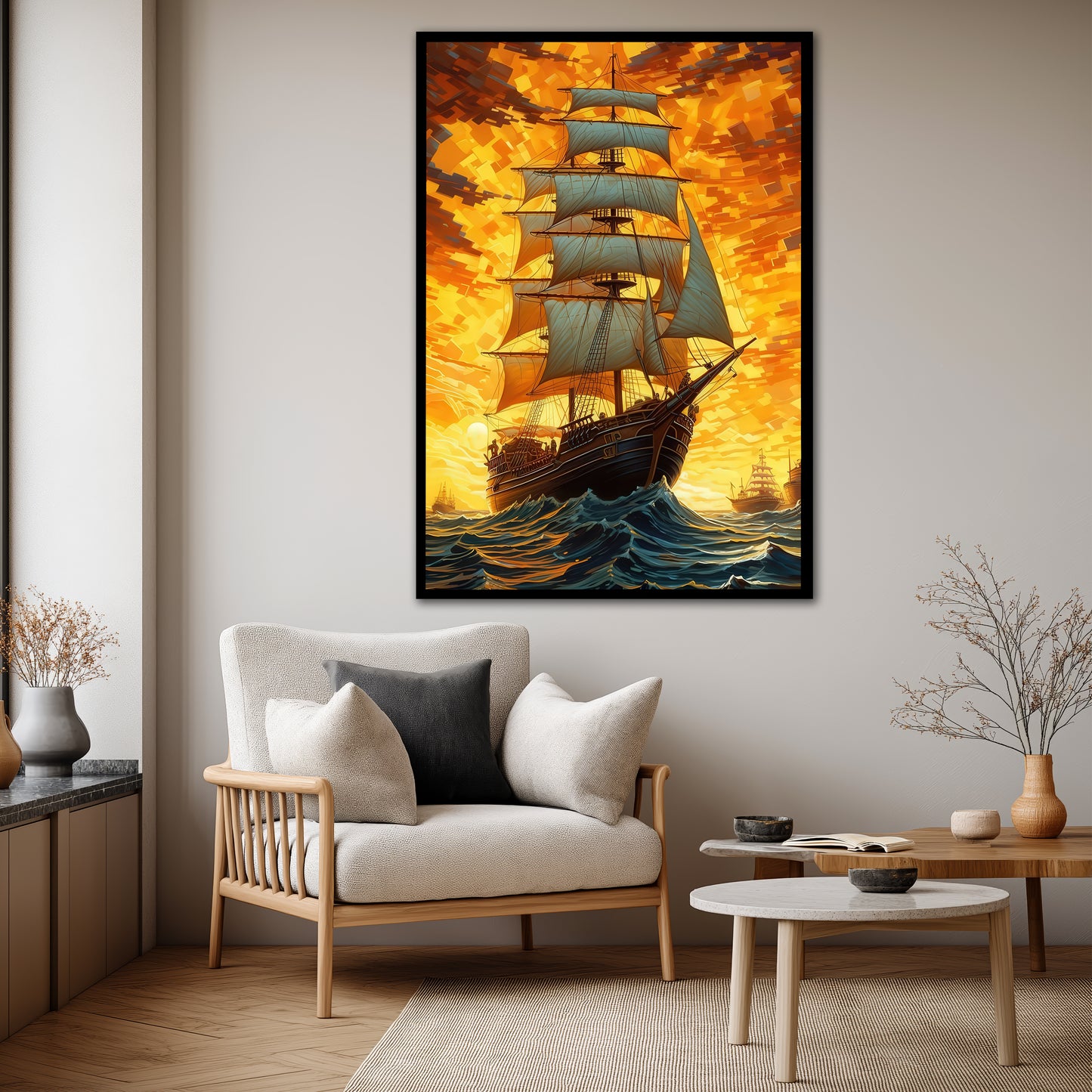 Sailing Ship on Wavy Ocean Canvas Art - Living Room Decor