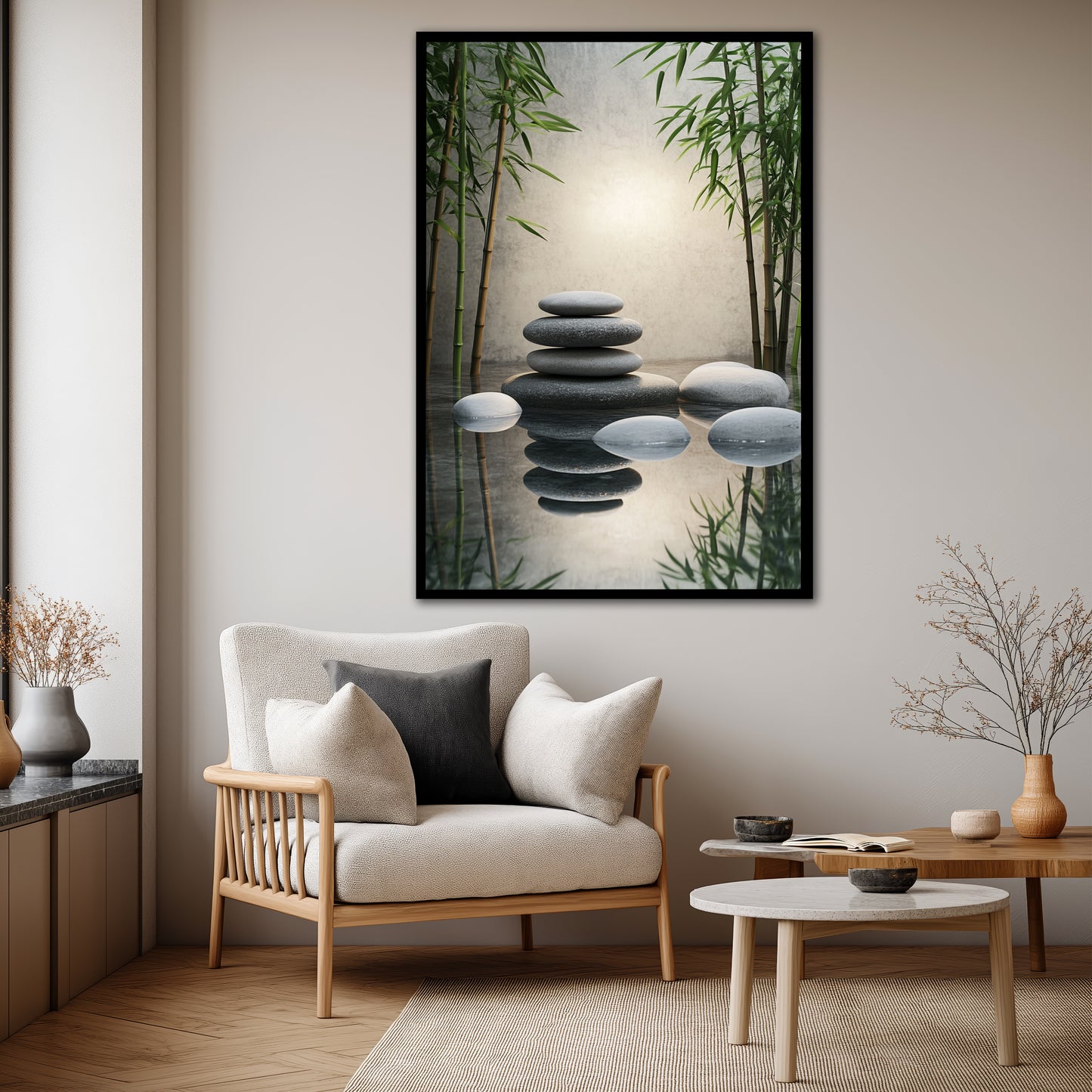 Zen Stones and Bamboo Canvas Wall Art - Meditation Spa Landscape Print