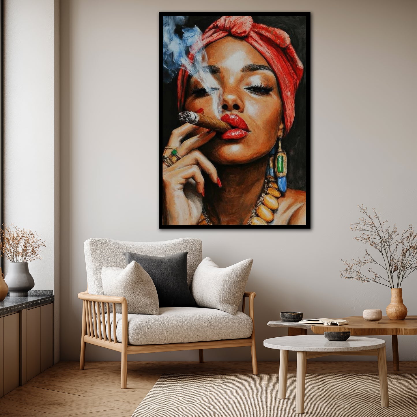 Woman Smoking Cigar with Red Turban Canvas Art - Exotic Pop Art Print