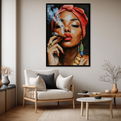 Woman Smoking Cigar with Red Turban Canvas Art - Exotic Pop Art Print