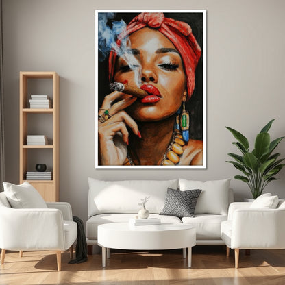 Woman Smoking Cigar with Red Turban Canvas Art - Exotic Pop Art Print