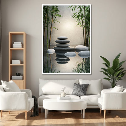 Zen Stones and Bamboo Canvas Wall Art - Meditation Spa Landscape Print