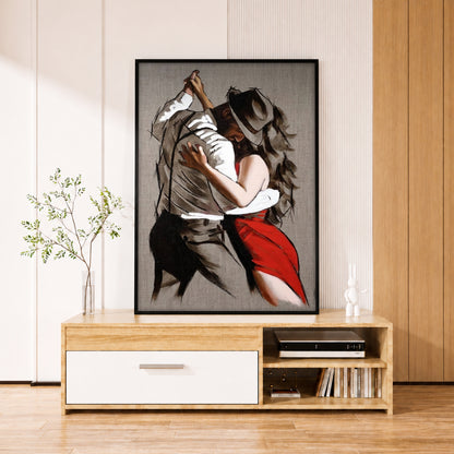 Romantic Tango Dancers Canvas Art - Passionate Red Dress Woman Print