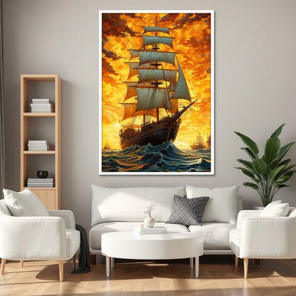 Sailing Ship on Wavy Ocean Canvas Art - Living Room Decor