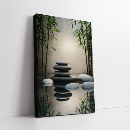 Zen Stones and Bamboo Canvas Wall Art - Meditation Spa Landscape Print