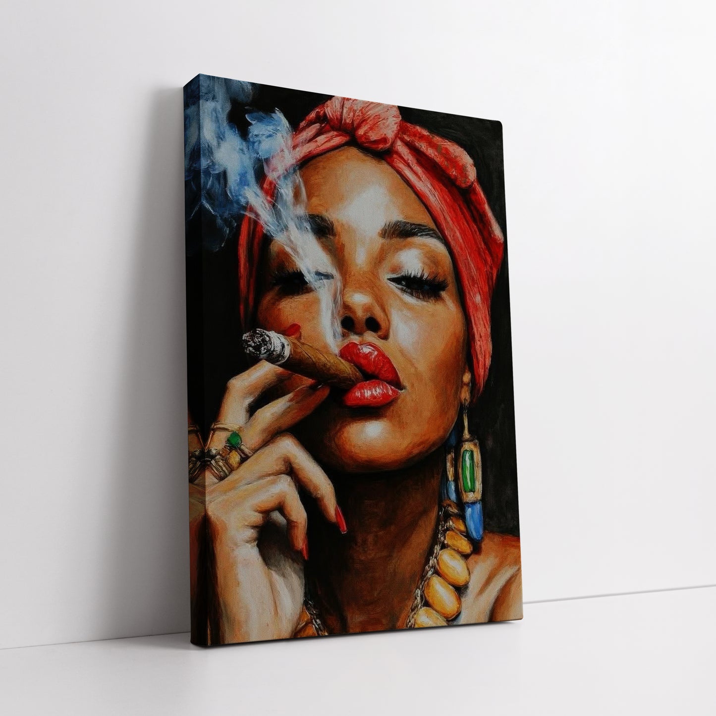 Woman Smoking Cigar with Red Turban Canvas Art - Exotic Pop Art Print