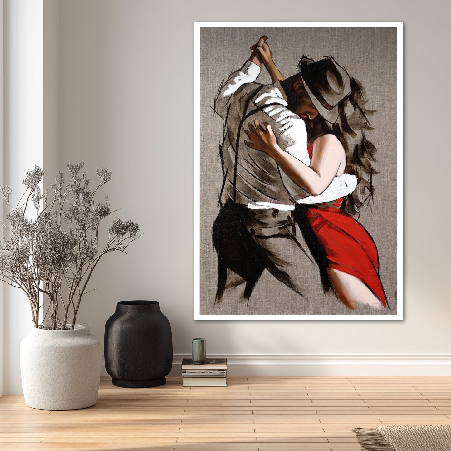 Romantic Tango Dancers Canvas Art - Passionate Red Dress Woman Print