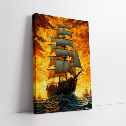 Sailing Ship on Wavy Ocean Canvas Art - Living Room Decor