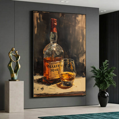 Oil painting style illustration of a Maker's Mark whiskey bottle and a filled whiskey glass on a textured brown and gold background.