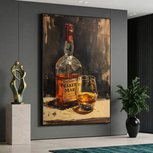 Oil painting style illustration of a Maker's Mark whiskey bottle and a filled whiskey glass on a textured brown and gold background.