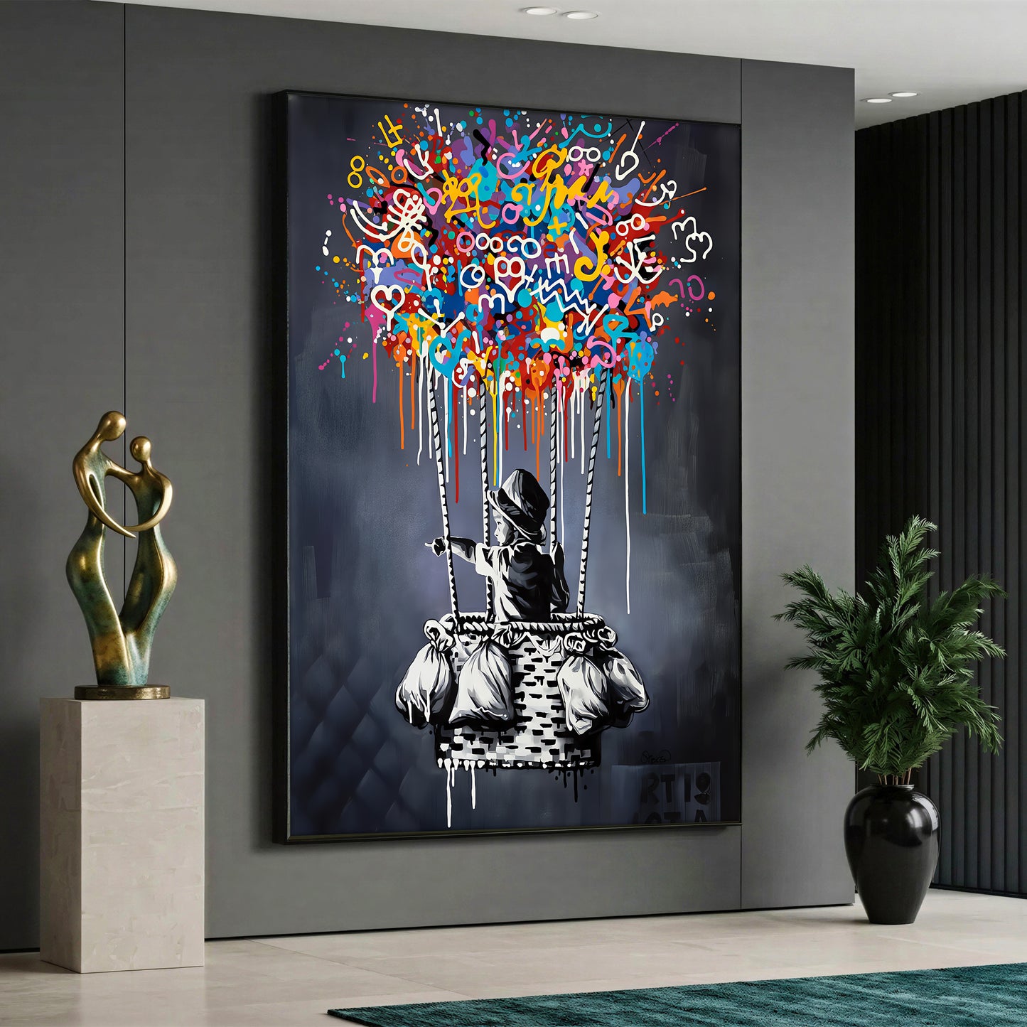 A street art style canvas painting depicting a black and white figure of a boy pointing forward from a hot air balloon basket, with the balloon itself made of vibrant, multicolored graffiti, scribbles, and paint drips against a dark grey background.