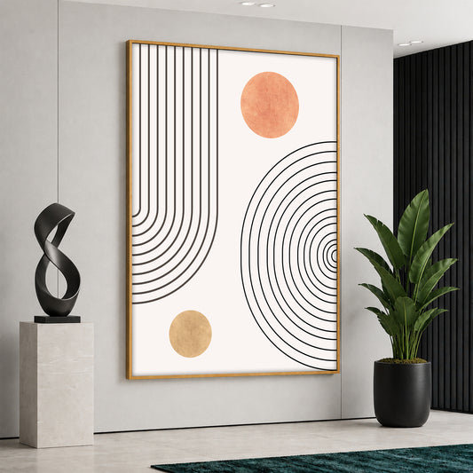 Large vertical canvas print featuring black bohemian geometric arch and circular lines with terracotta and ochre yellow sun elements, displayed in a bright modern interior.