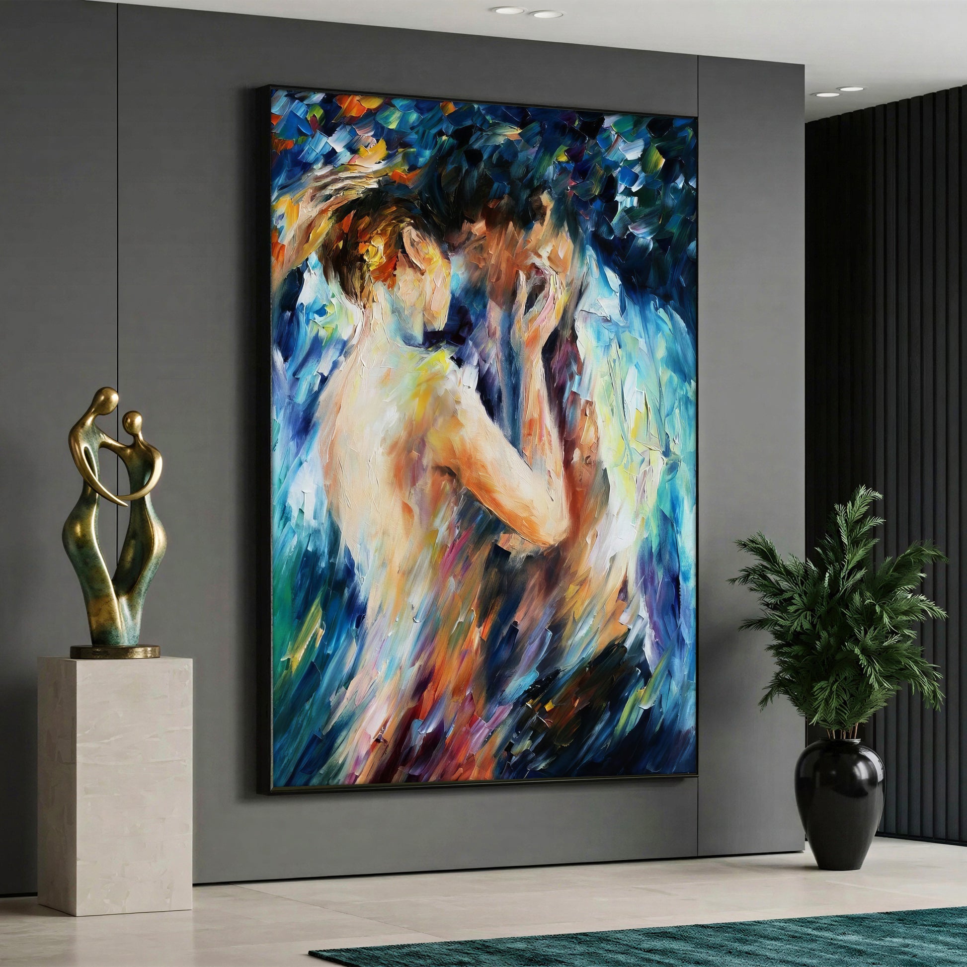Large vertical canvas print with a smooth surface featuring a vibrant, colorful abstract painting design of an embracing romantic couple, displayed in a luxury modern interior.