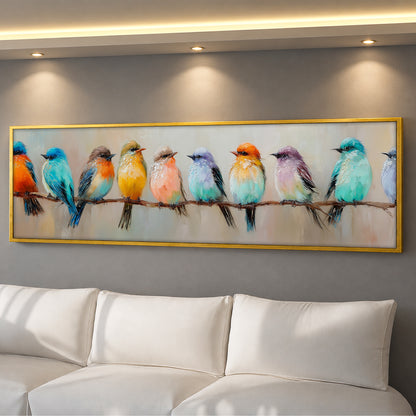 Colorful Birds on a Branch Panoramic Canvas Wall Art - Modern Living Room Decor