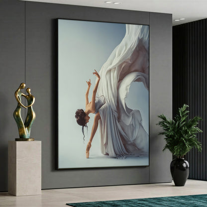 A high-quality minimalist art print showcasing a graceful female ballet dancer in a flowing white dress posing elegantly on pointe against a light grey background.