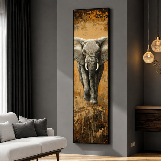 Vertical African Elephant Canvas Painting - Large Animal Wall Hanging for Living Room
