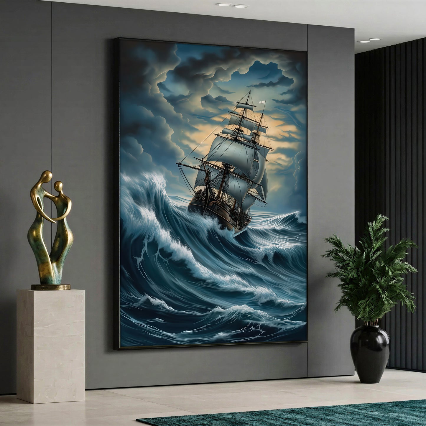 A large sailing ship tilting sideways navigating through massive white-capped ocean waves, under a dramatic stormy sky filled with dark clouds and breaking light.