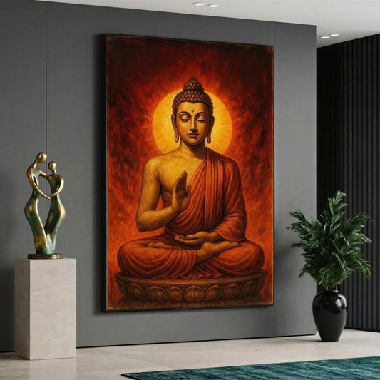 An illustration of Buddha sitting in a cross-legged position with one hand raised, featuring a bright yellow sun-like circle behind his head against a red and orange background.