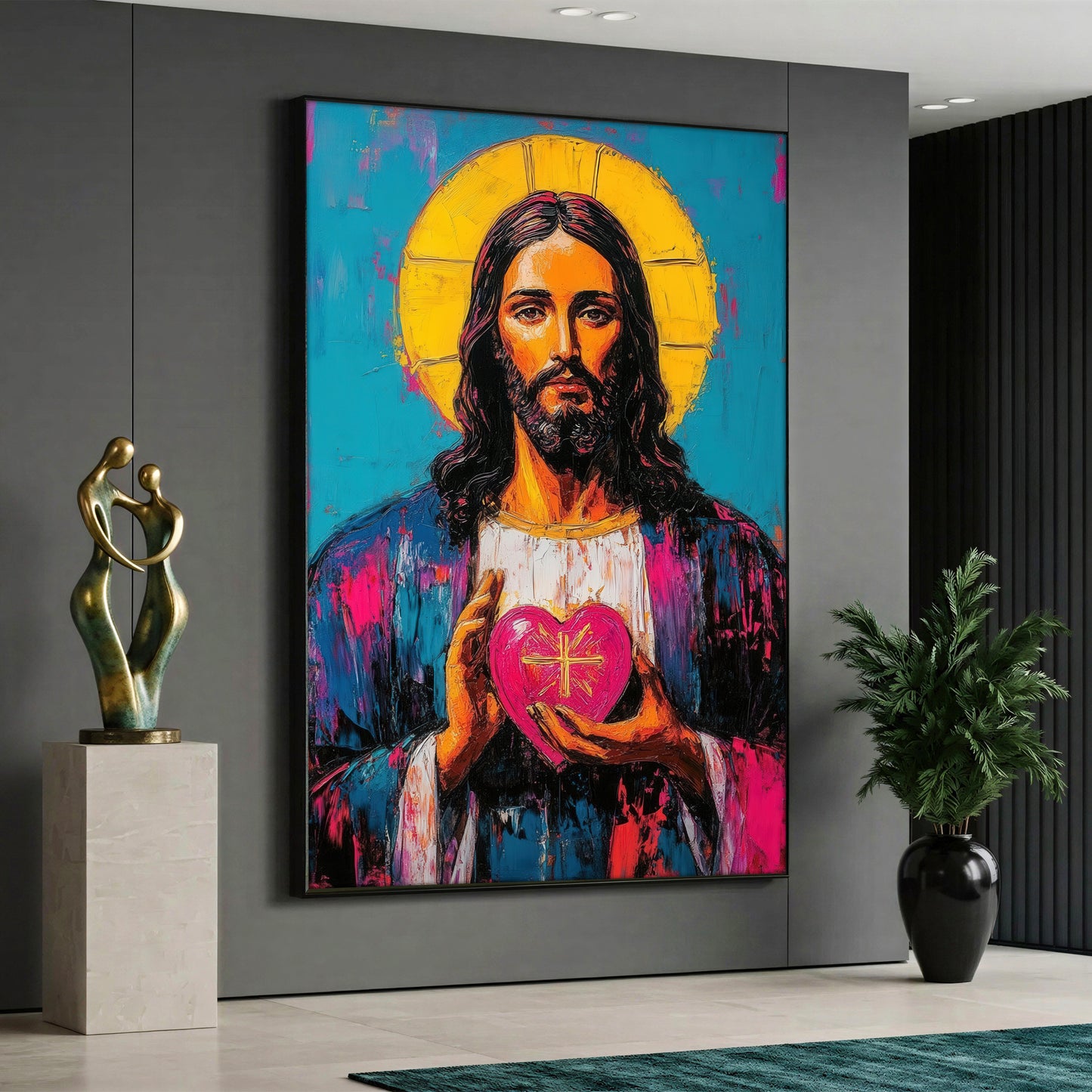 A vertical canvas print depicting Jesus' hand reaching out, designed in a minimalist thick impasto oil-painted texture style with neutral beige and white tones.