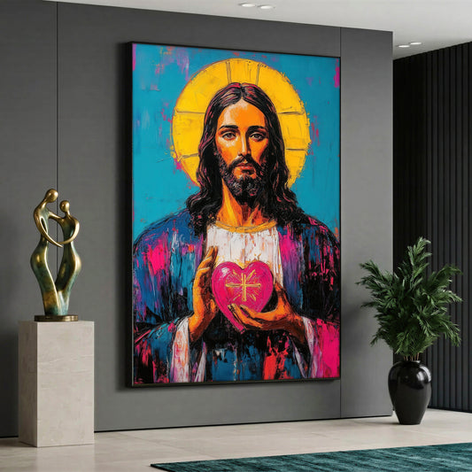A vertical canvas print depicting Jesus' hand reaching out, designed in a minimalist thick impasto oil-painted texture style with neutral beige and white tones.